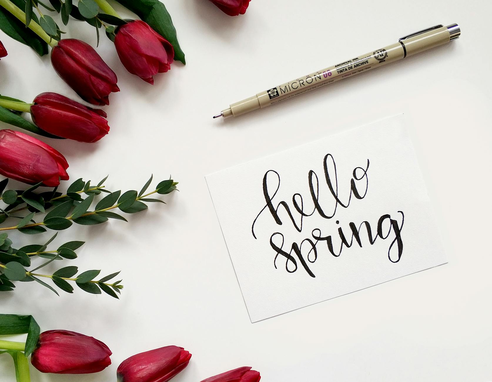 A flat lay of red tulips and green leaves surrounding a handwritten card that says 'hello spring,' next to a pen.